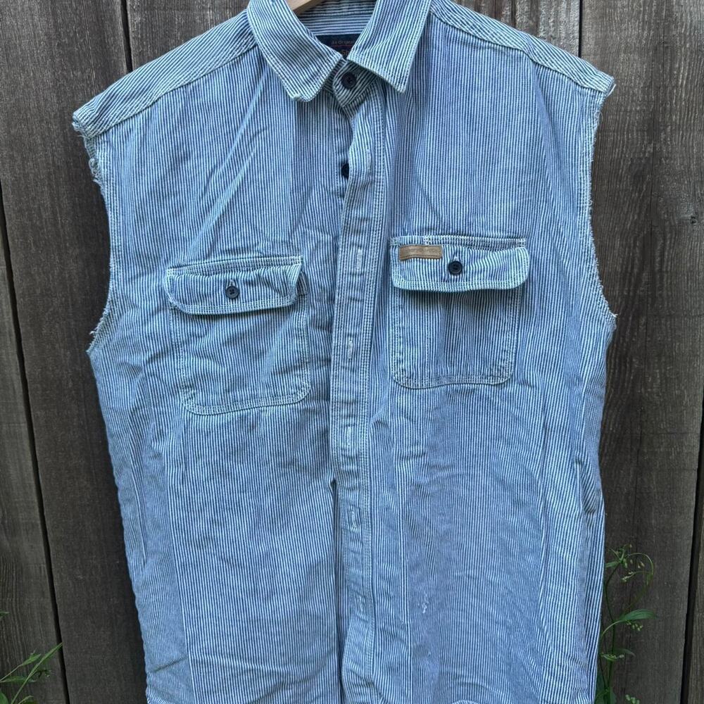 Hickory Shirt Co Blue White Railroad Stripe Sleeveless Work Shirt Men’s M